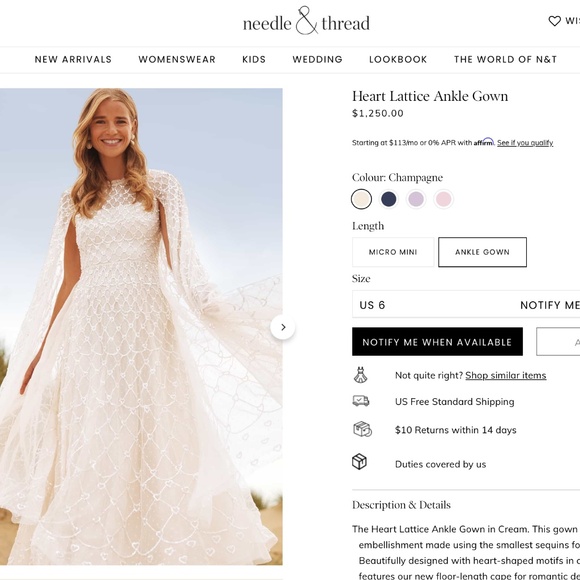 Heart Lattice Ankle Gown Needle and Thread Size 6 NWT - Picture 8 of 8